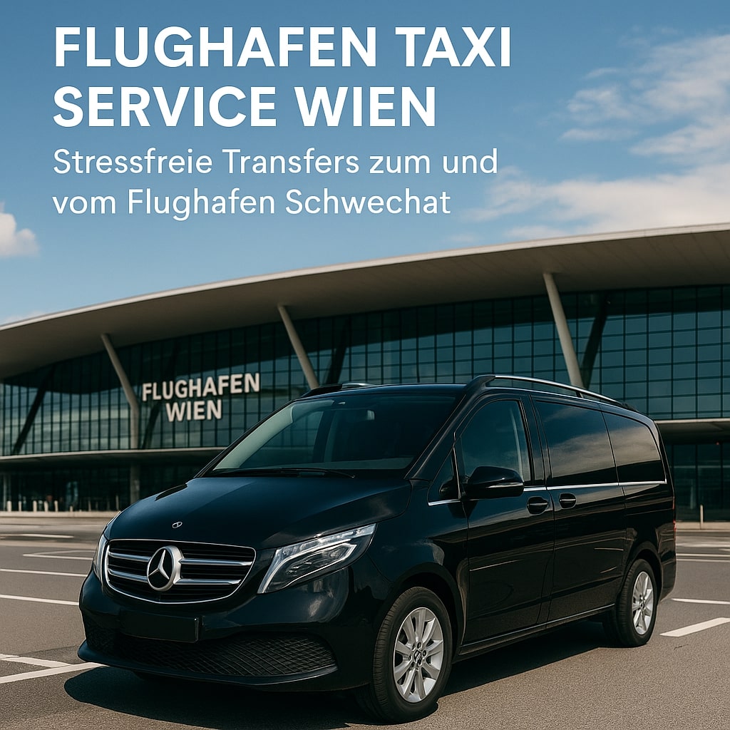 Schwarzes Flughafentaxi Mercedes vor dem Flughafen Wien-Schwechat