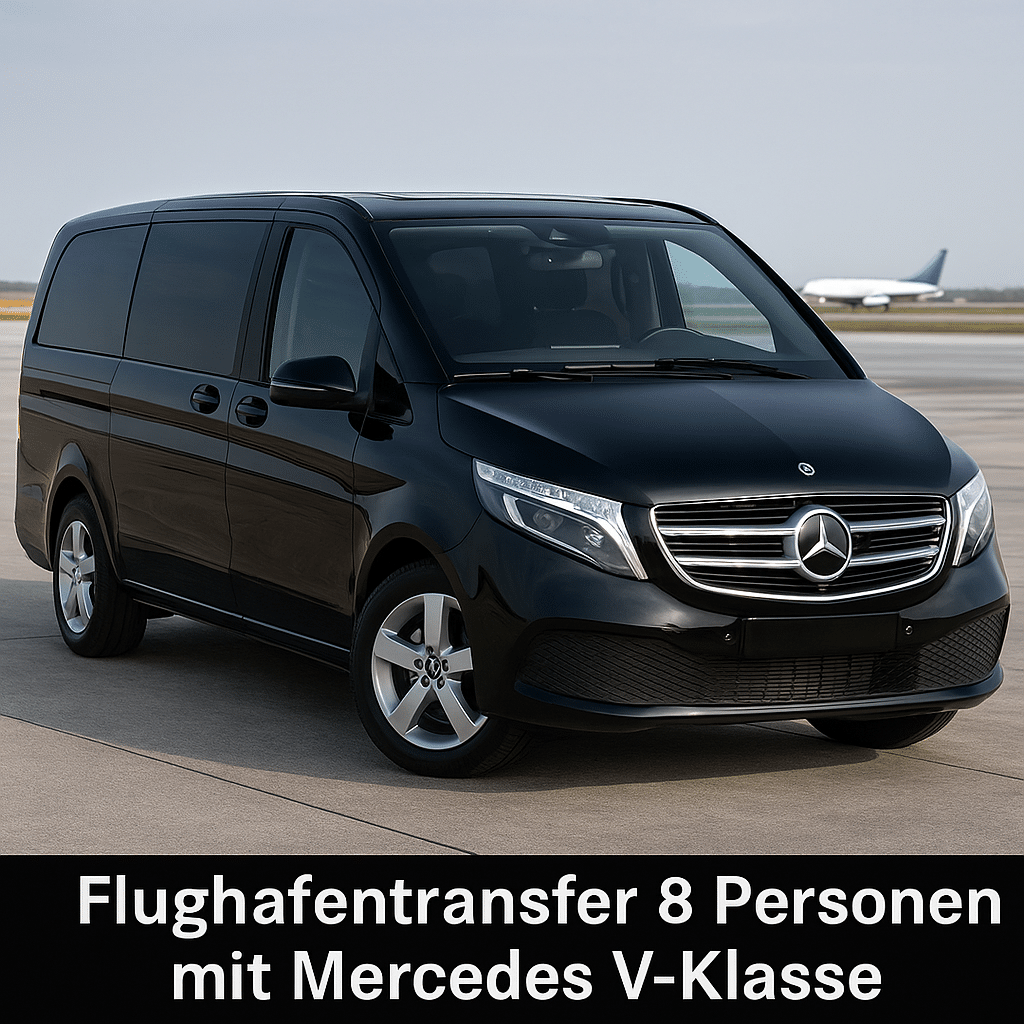 Flughafentransfer 8 Personen mit Mercedes V-Klasse – eleganter schwarzer Van auf dem Flughafengelände